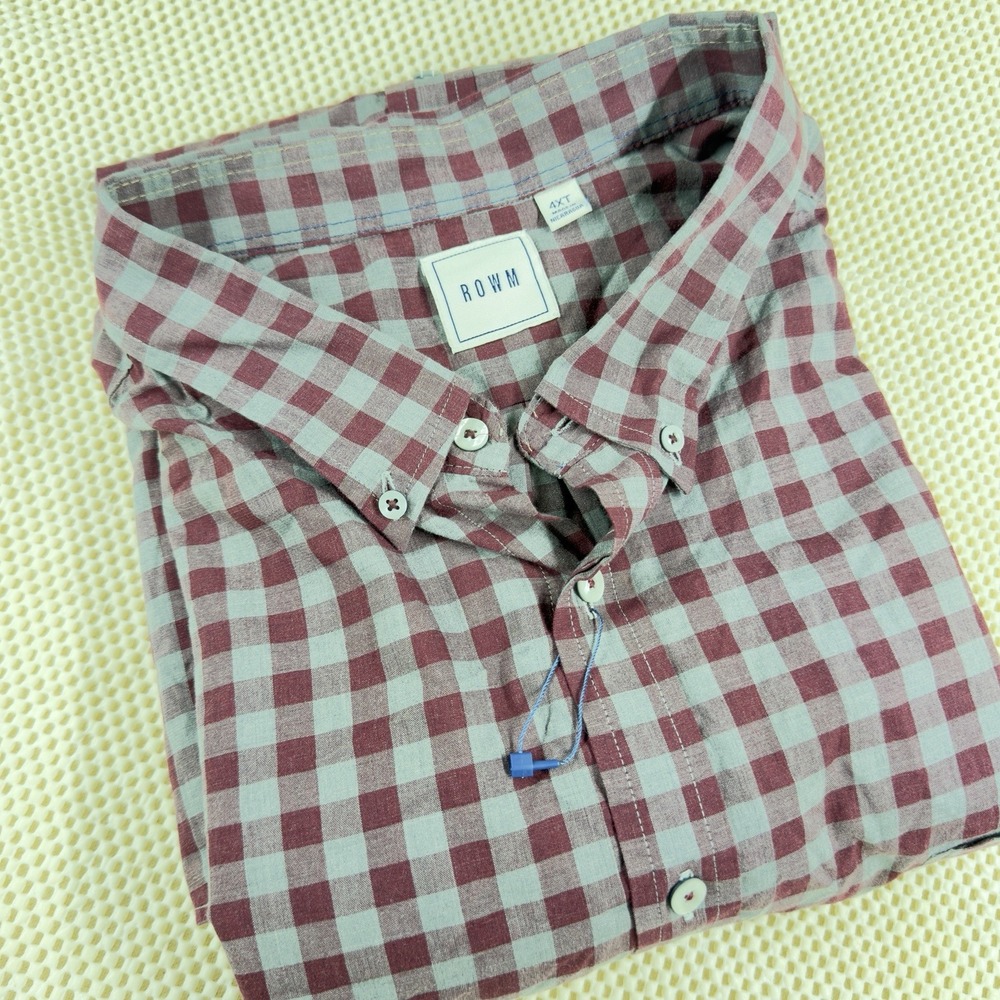 Rowm Mens 4XT Gray/Burgundy Plaid Button Up Big Tall Long Sleeve Casual Shirt